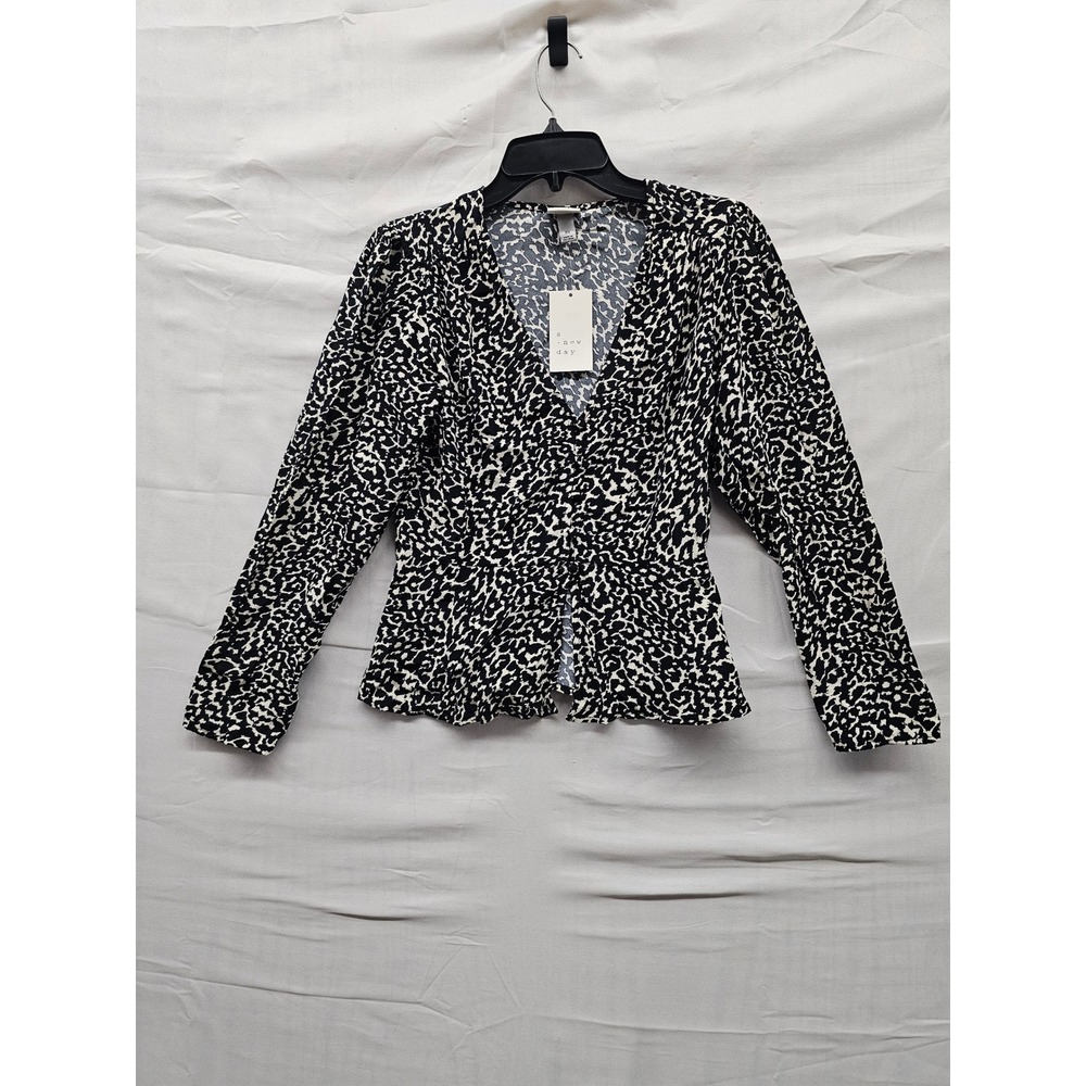 A New Day Womens V-Neck Peplum Blouse Black Animal Print Rayon Casual Size XS